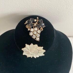 BUNDLE Opalescent White Shell Flower & Goldtone Black Enamel Rhinestone Brooches